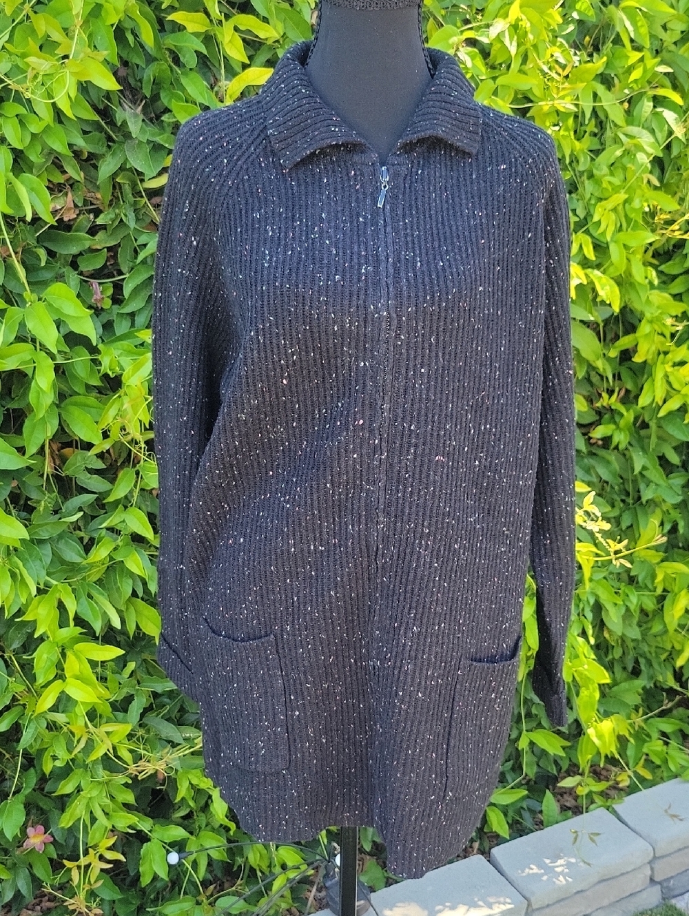 Black Women's Zip Down Speckled Cardigan With Pockets Sz XL